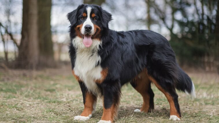 A Bernese Mountain Dog with a tri-colored coat of black, white, and rust. The dog is standing on grass and has its tongue hanging out.