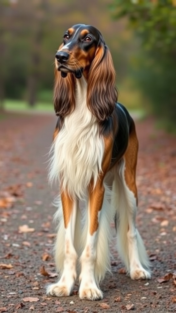 A beautiful Afghan Hound standing in a park, showcasing its long coat and elegant features.