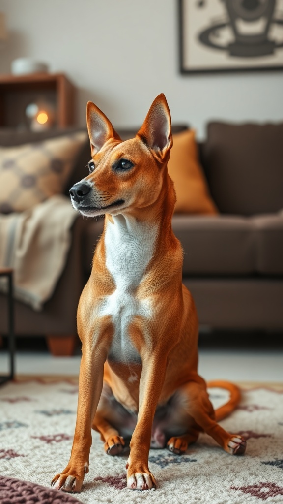 A Basenji dog sitting proudly in a cozy indoor setting