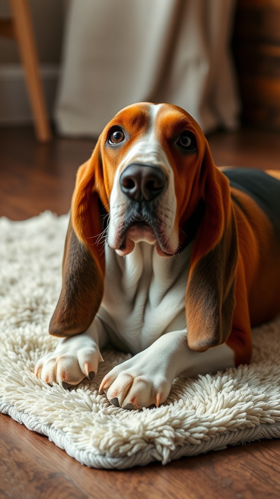 A close-up of a Basset Hound lying down with prominent ears and soulful eyes, looking relaxed.