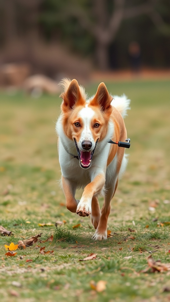 A playful dog running in a grassy field, showcasing its energy and joy.