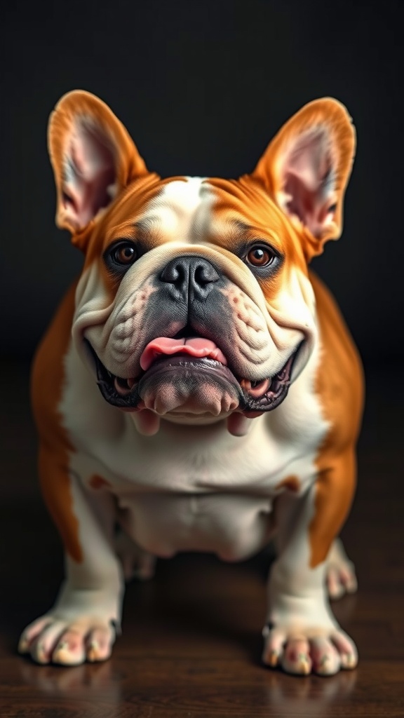 A bulldog relaxing on a couch with a calm expression.