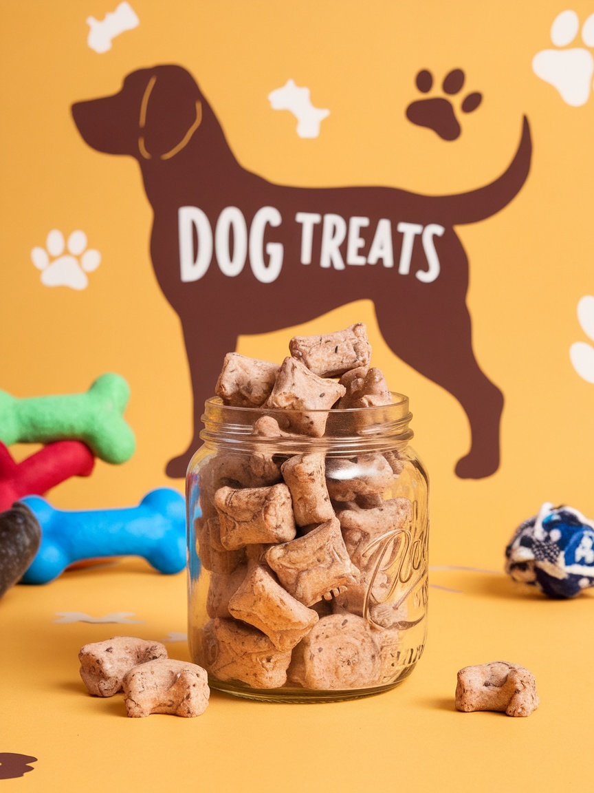 A jar filled with dog treats shaped like bones, placed on a bright yellow background with dog-themed decorations.