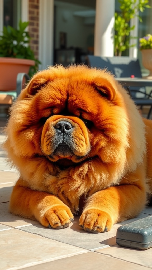 A fluffy Chow Chow dog resting on a patio, showcasing its orange fur and calm demeanor.