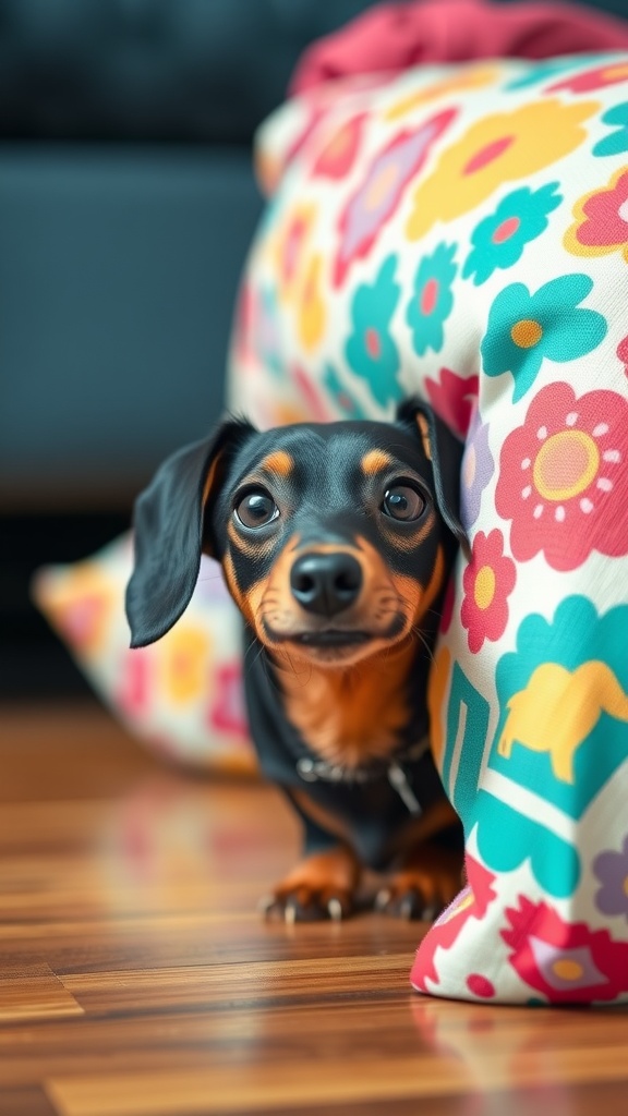 A curious Dachshund peeking from behind a colorful cushion, showcasing its adorable face and charming eyes.