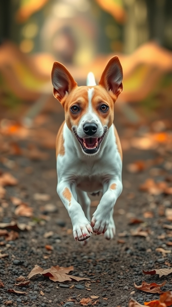 A happy Jack Russell Terrier running with a toy ball in a garden.