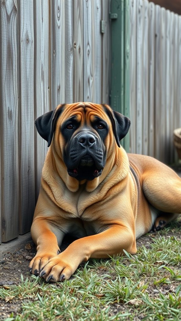 A Mastiff lounging in a yard, showcasing its size and gentle demeanor.