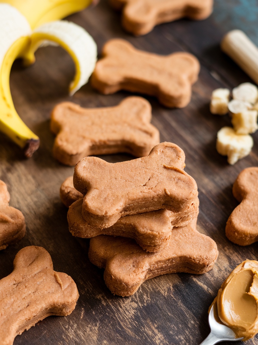 Peanut butter and banana dog treats shaped like bones with bananas and peanut butter nearby.