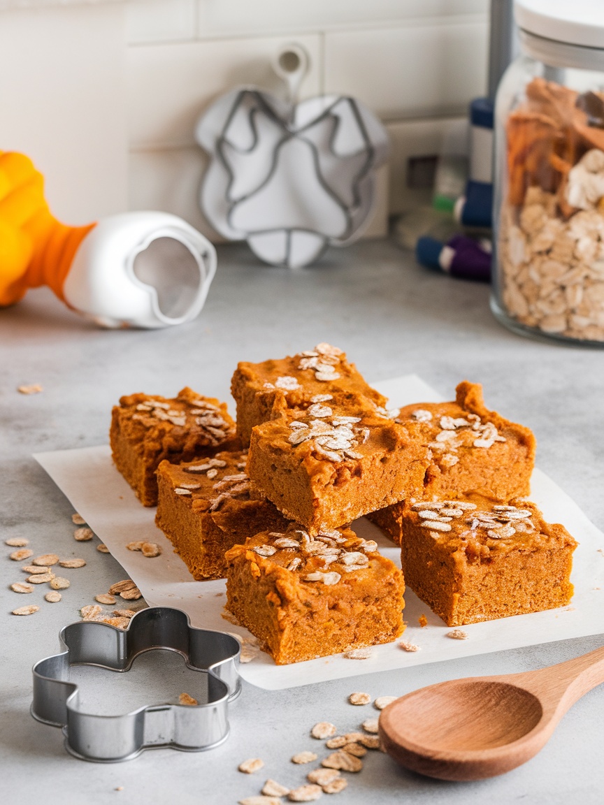 Pumpkin oatmeal squares arranged on a white surface with a cookie cutter and wooden spoon nearby.