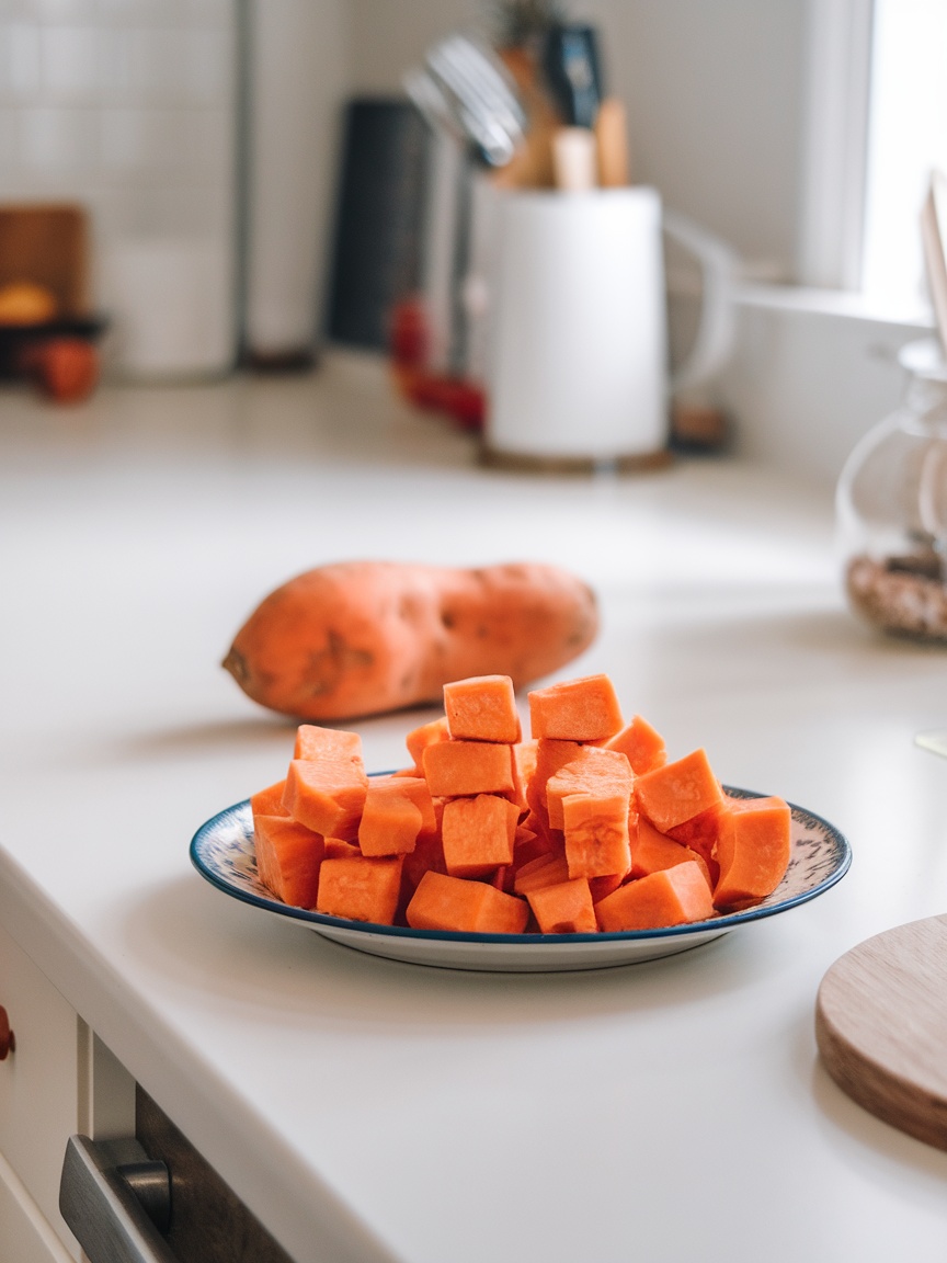 A plate of diced sweet potatoes on a kitchen countertop, with a whole sweet potato in the background.